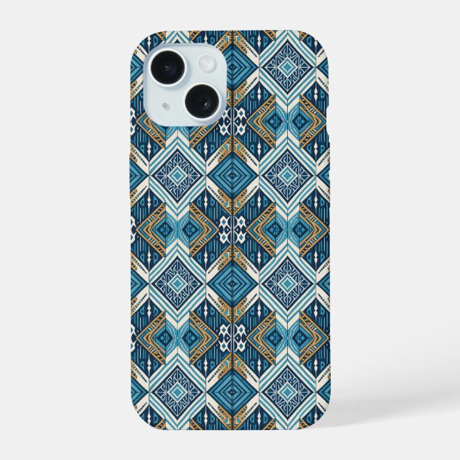 Coque iPhone 15 Blaue symetrisches Boho Muster 18583 b xl (Verso)