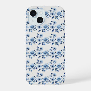 Coque iPhone 15 Bleu Blanc Toile Floral Aquarelle Élégant
