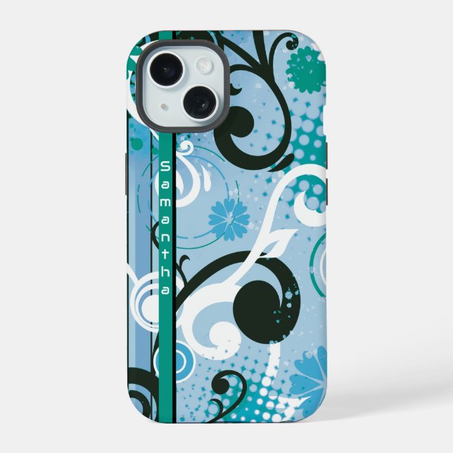 Coque iPhone 15 Bleu Floral Frutiger Metro (Verso)