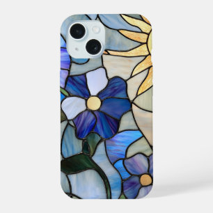 Coque iPhone 15 Bleu Floral Verre verni Sun Art pour Amoureux des 