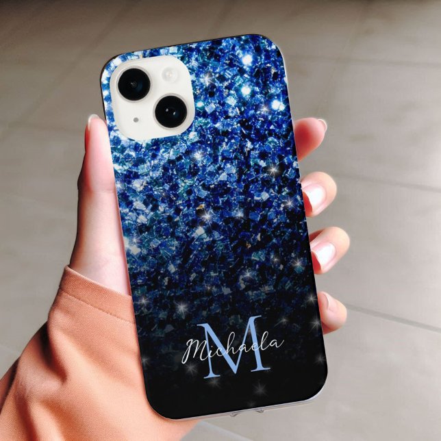 Coque iPhone 15 Bleu foncé profond brillant faux paillettes scinti (Sparkle up and protect your phone with trendy faux sparkles phone case. In many different colors.)