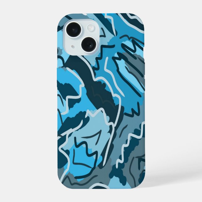 Coque iPhone 15 Bleu Glacé Marbré Abstrait (Verso)