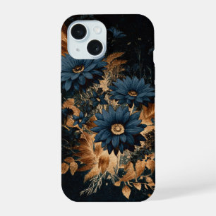 Coque iPhone 15 Bleu Nuit Foncé & Or Floral Rustique Glam Bohème