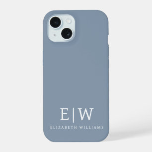 Coque iPhone 15 Bleu Poussiéreux Minimaliste Moderne Monogramme Él
