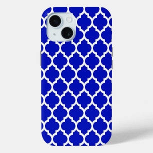 Coque iPhone 15 Bleu Royal Blanc Motif Quatrefoil Marocain #5