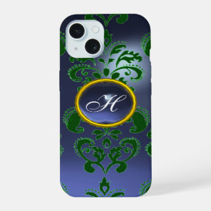 Coque iPhone 15 BLEU VERT DAMAS GEMME MONOGRAMME Floral