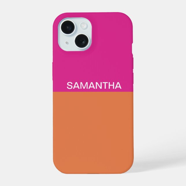 Coque iPhone 15 Blocs de couleur rose chaud et orange (Verso)