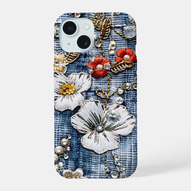 Coque iPhone 15 Blooms brodés rouges et blancs sur Denim (Verso)