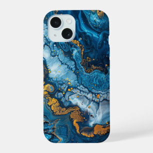 Coque iPhone 15 Blue Gold Paint Pour Abstrait Liquid Aesthétique