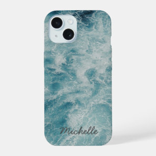 Coque iPhone 15 Blue Ocean Summer Beach Waves Nom personnalisé