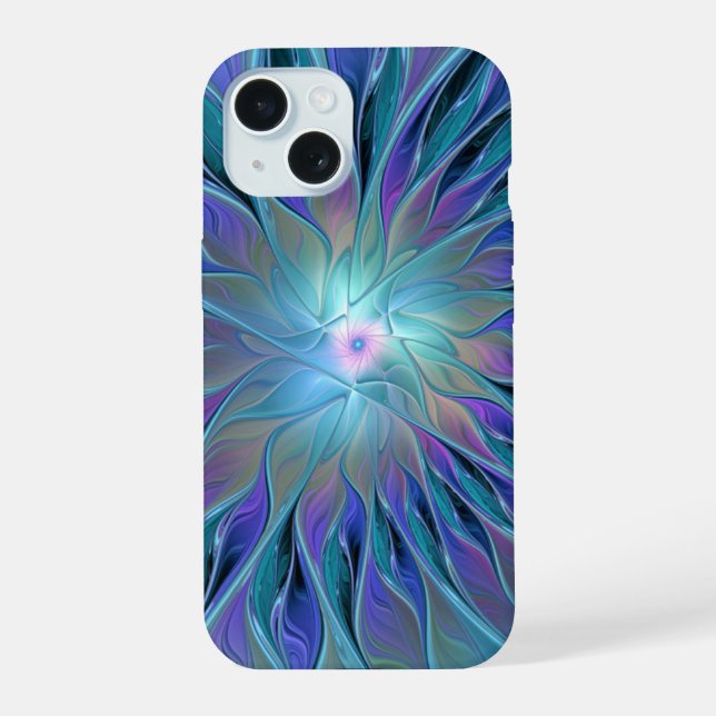 Coque iPhone 15 Blue Purple Flower Dream Abstrait Fractal Art (Verso)