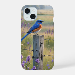 Coque iPhone 15 Bluebird Sur Un Poste De Clôture