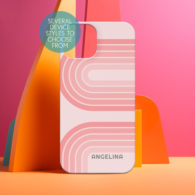 Coque iPhone 15 Blush Pink Mod Retro Stried Motif Nom personnalisé (Personalized Phone Case - Choose Your Device and Customize the Design)