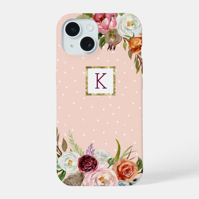 Coque iPhone 15 Boho Blooms Blush Point Monogramme (Verso)