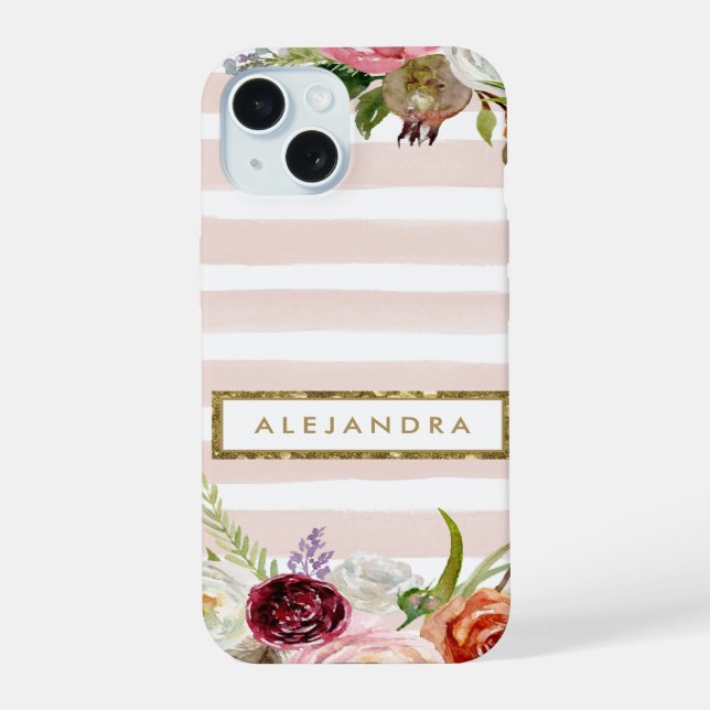 Coque iPhone 15 Boho Blooms Blush Rayure Monogramme (Verso)