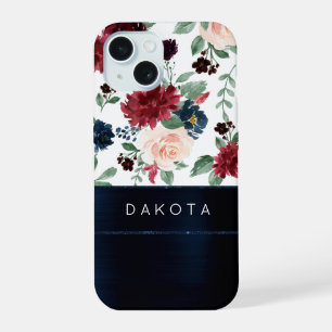 Coque iPhone 15 Boho Blooms Rustique Bleu Nuit et Bourgogne Pers