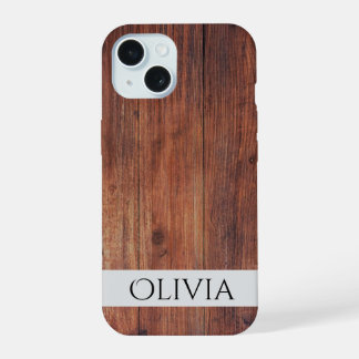 Coque iPhone 15 bois foncé et personnalisé moderne