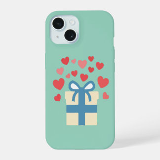 Coque iPhone 15 Boîte à cadeau douce avec cœurs d'amour flottants