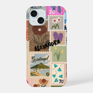Coque iPhone 15 Boîtier de téléphone collant de timbre coloré