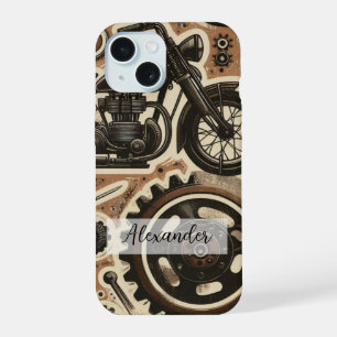 Coque iPhone 15 Boîtier de téléphone Retro Motorbike et Gears