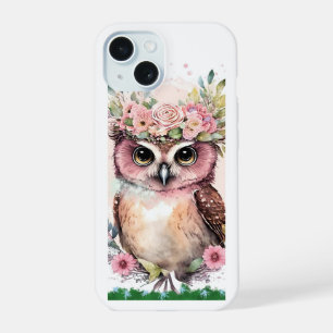 Coque iPhone 15 Boîtier iPhone 15 avec chouette mignonne et fleurs