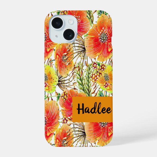 Coque iPhone 15 Boîtier iPhone 15 avec fleurs orange et jaune (Verso)