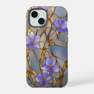 Coque iPhone 15 Boîtier iPhone 15 Fleurs Violettes en Verre Cathéd