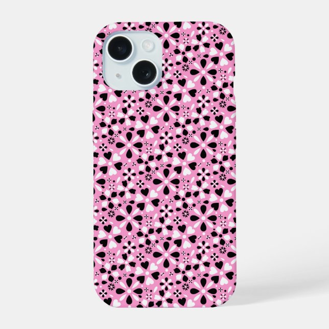 Coque iPhone 15 Boîtier iPhone à fleurs noires et blanches mignon (Verso)