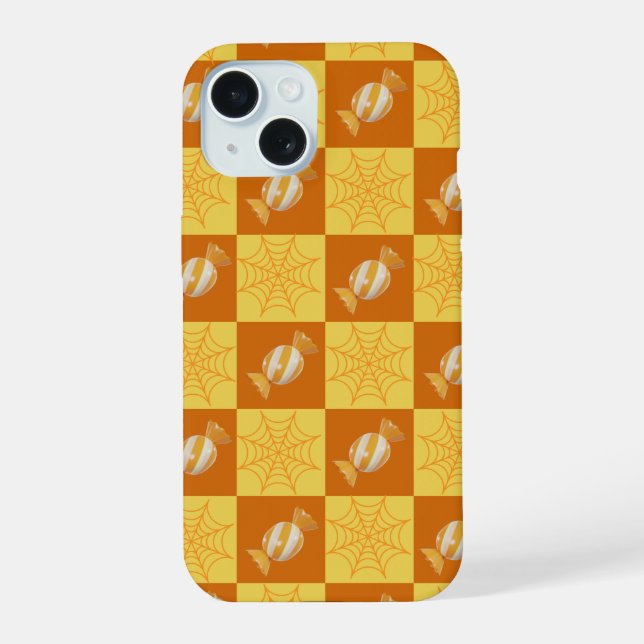 Coque iPhone 15 Boîtier iPhone Autumn Checkered Cobweb & Snacks (Verso)