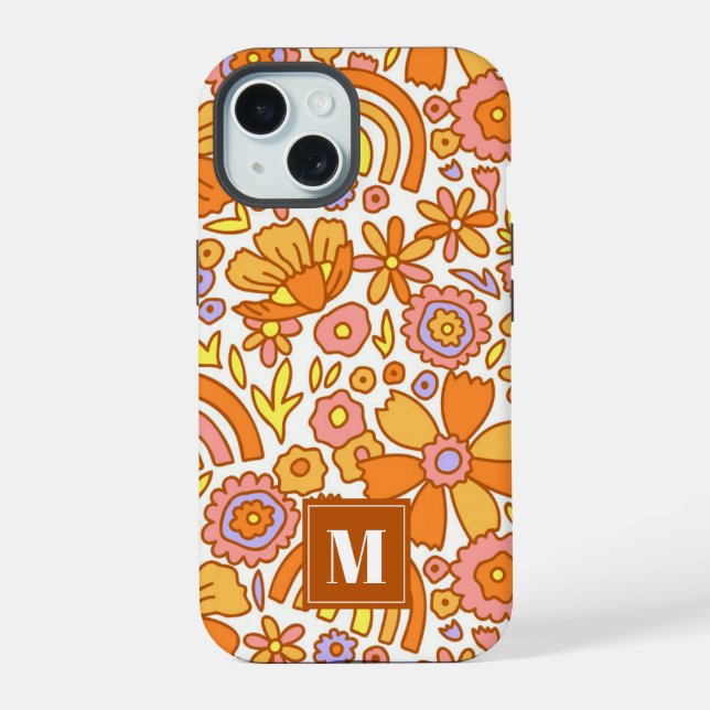 Coque iPhone 15 Boîtier iPhone Fleurs Orange Rétro (Verso)