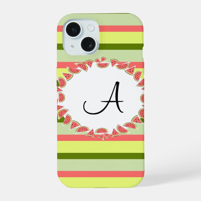 Coque iPhone 15 Boîtier iPhone 'Monogram' Classique Rayure Pastèqu (Verso)
