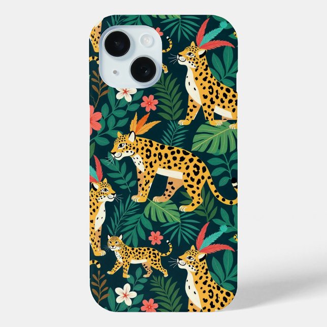 Coque iPhone 15 Boîtier iPhone motif jungle léopard tropical (Take a walk on the wild side with every call.)