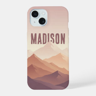 Coque iPhone 15 Boîtier iPhone silhouette de montagne mauve minima