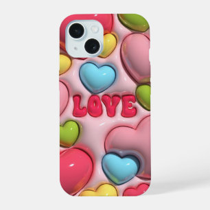 Coque iPhone 15 Boîtier téléphonique 3D Puffy Pink Love Heart