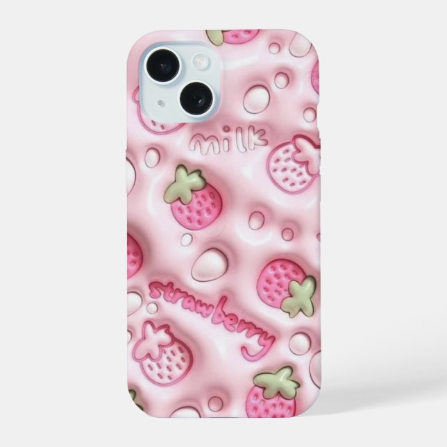 Coque iPhone 15 Boîtier téléphonique 3D Puffy Pink Strawberry et M (Verso)