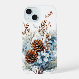 Coque iPhone 15 Boîtier téléphonique floral d'hiver personnalisé