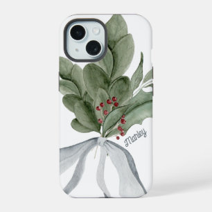 Coque iPhone 15 Botanique Vert Argent Ruban Personnalisé