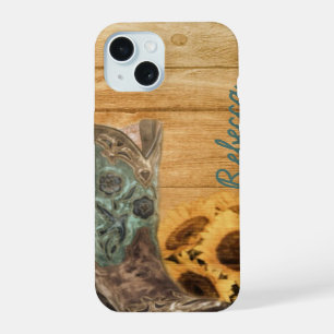 Coque iPhone 15 Botte de cowboy tournesol Western Country patinée