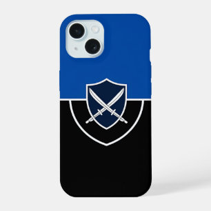 Coque iPhone 15 Bouclier avec épées croisées sur bleu et noir