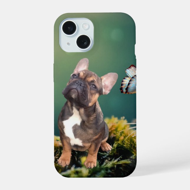 Coque iPhone 15 Bouledogue français papillon (Verso)