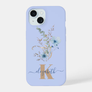 Coque iPhone 15 bouquet de fleurs aquarelle bleu poussiéreux rusti