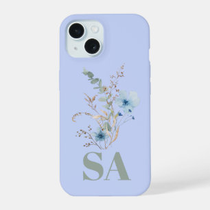 Coque iPhone 15 bouquet de fleurs aquarelles bleu poussiéreux rust
