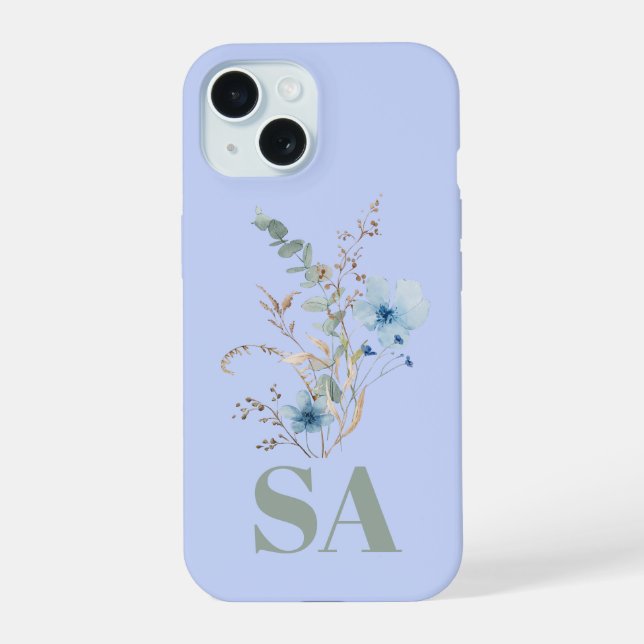 Coque iPhone 15 bouquet de fleurs aquarelles bleu poussiéreux rust (Verso)
