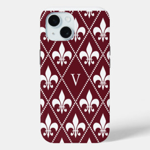 Coque iPhone 15 Bourgogne Fleur de Lis avec monogramme