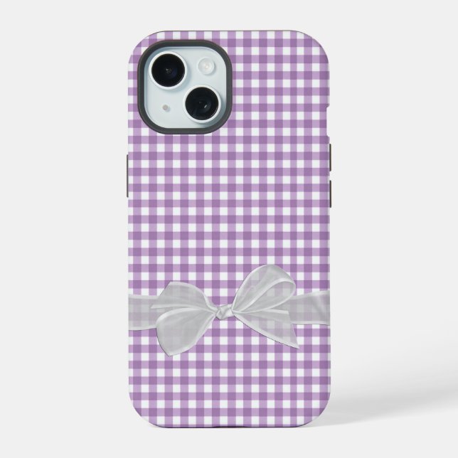 Coque iPhone 15 Bow blanc sur En vichy violet (Verso)