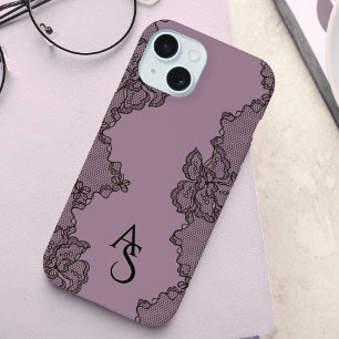 Coque iPhone 15 Broderie Fleurie Noir Mauve Monogrammée