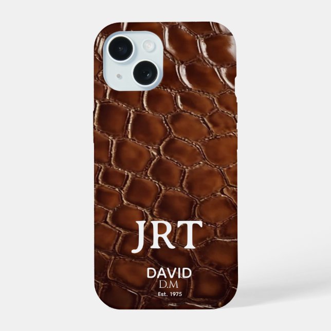 Coque iPhone 15  Brown Crocodile Leather Monogram (Verso)
