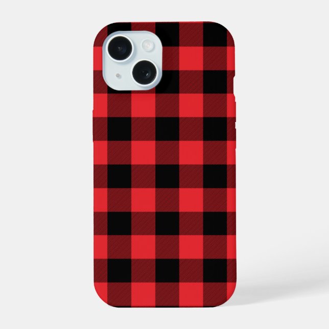 Coque iPhone 15 Buffalo Plaid Red Black Check (Verso)