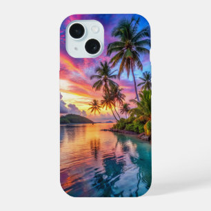 Coque iPhone 15 Cabine téléphonique de l'île tropicale Sunset