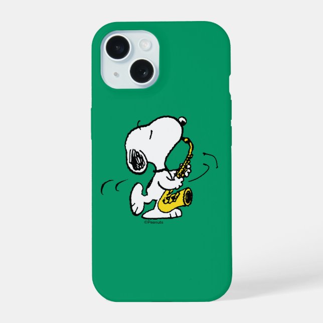 Coque iPhone 15 cacahuètes | Lecteur Snoopy Saxophone (Verso)